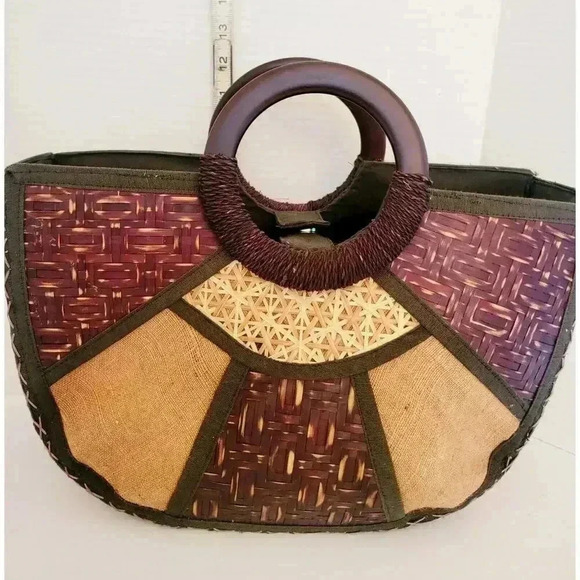 Vintage Unique Wood Exterior Satchel Top Handle Bag Vacation Resortwear Summer - Picture 11 of 12